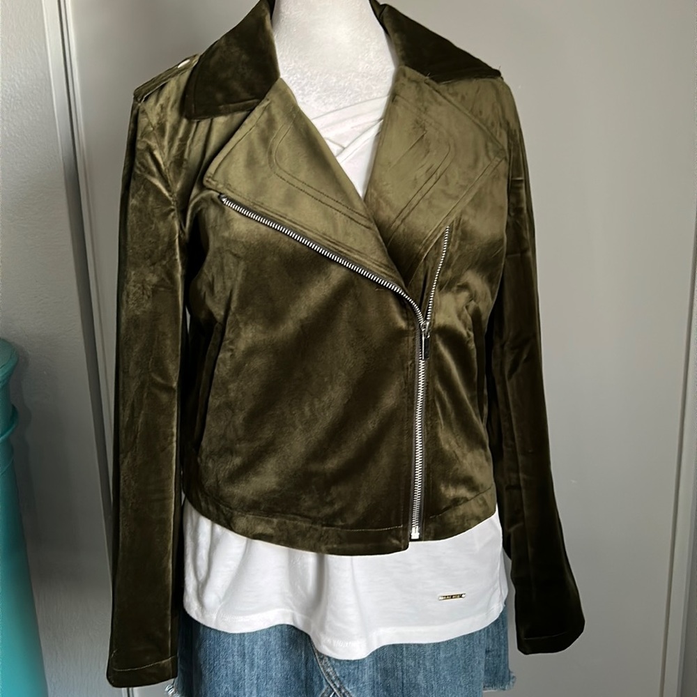 New Lauren Conrad On Trend Crushed Green Velvet Moto Style Jacket